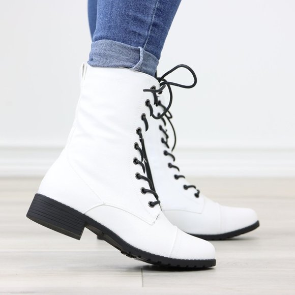 White Synthetic Leather Low Heel Round Toe Above Ankle Combat Boots - Picture 4 of 13